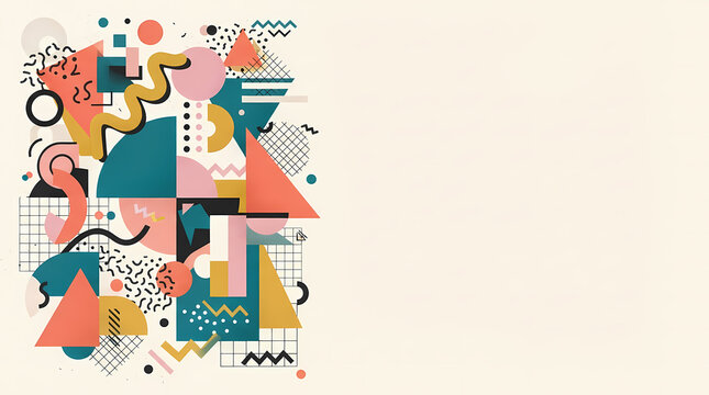 Abstract geometric composition with colorful shapes and patterns on a light background with copy space