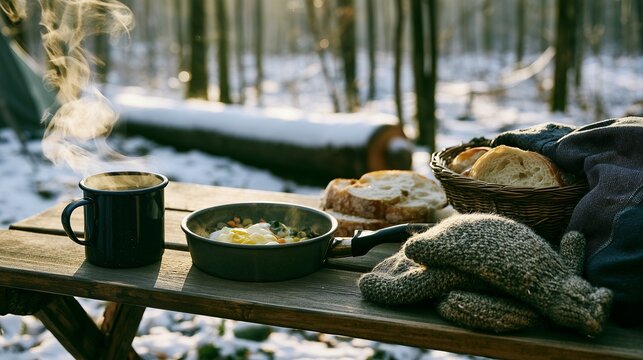 A rustic winter camping breakfast served outdoors, simple and warm