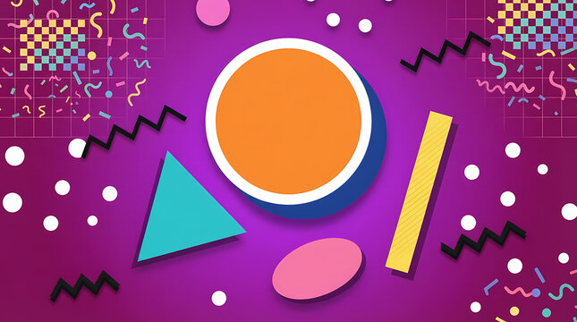 Abstract memphis style background with colorful geometric shapes and confetti on a purple gradient