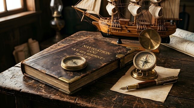 Vintage navigation logbook with a compass, fountain pen, and a model ship on a rustic wooden table, evoking the spirit of historical maritime exploration