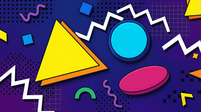 Colorful geometric memphis style pattern with abstract shapes on a dark blue background
