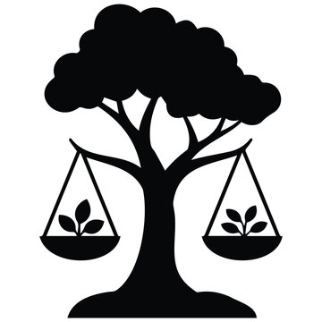 Ecological balance scale tree silhouette vector illustration for environmental justice concept.