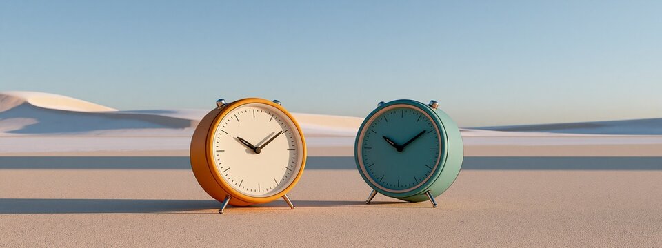 Two vintage alarm clocks stand on sandy desert dunes under clear blue sky