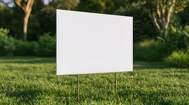 Blank white corrugated yard sign mockup standing on green grass lawn in outdoor park garden. Empty board template for real estate message, advertisement promotion, property sale, event poster design