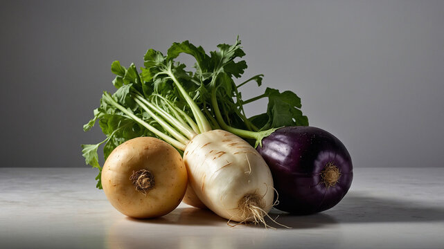 Fresh organic vegetables featuring white daikon radish, yellow turnip, and purple eggplant on a neutral studio background