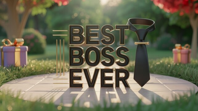 Best Boss Ever 3D text on garden pedestal, professional black necktie and gift boxes, corporate appreciation and leadership celebration concept