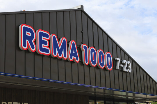 Alesund, Norway, September 4, 2026. REMA 1000 supermarket sign