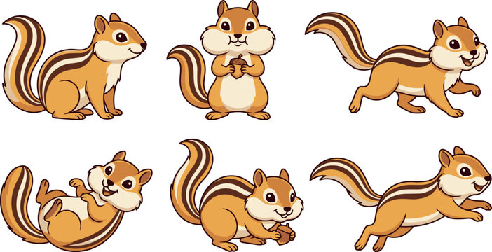Cute cartoon chipmunk vector illustrations set featuring playful woodland ground squirrels running jumping and eating nuts on white