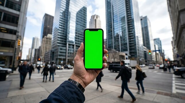 Smartphone green screen chroma key photo held in downtown city street with pedestrians walking past high-rise buildings