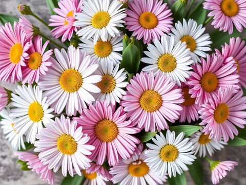naive daisy flowers with soft petals and green leaves in a top view arrangement, ||yellow, graphic