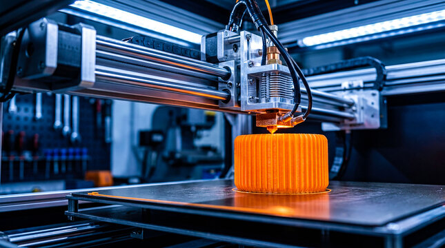 Industrial 3D printer creates orange plastic object in manufacturing facility, showcasing additive technology for rapid prototyping and production.