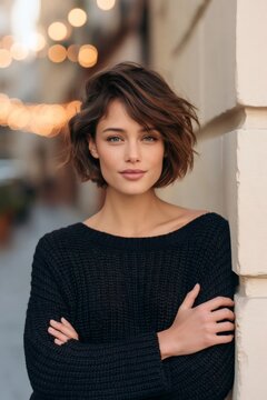 Young woman confidently posing with bob haircut outdoors