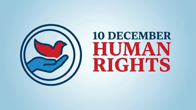 Animation revealing 10 December Human Rights Day text and dove emblem.