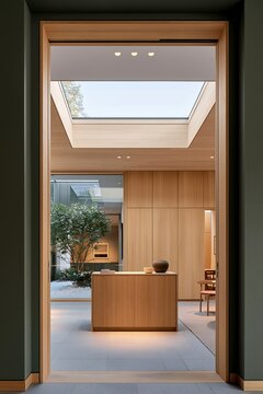 Modern minimalist home interior with wooden wall panel and skylight roof