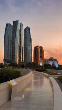 the striking Etihad Towers complex along the Corniche in Abu Dhabi, United Arab Emirates.