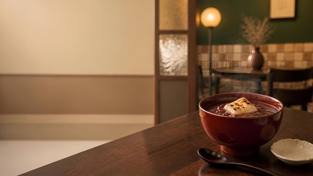 温かい湯気が立ち上る焼き餅が入ったぜんざいとモダンな和カフェの店内