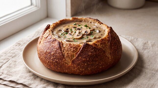 Creamy mushroom soup served in a crusty sourdough bread bowl on a plate with natural window light