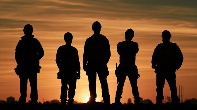 Silhouette of construction workers standing together against a vibrant sunset sky, symbolizing teamwork and accomplishment
