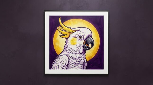 Framed bird illustration on dark minimalist wall.