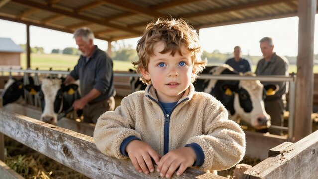 A curious young boy with bright blue eyes leans over a wooden fence, watching black and white cows in a sunlit barnyard while adults work nearby.