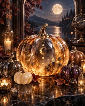 満月の夜に輝く幻想的なガラスかぼちゃと秋のハロウィン装飾