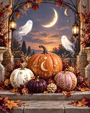 三日月の夜に浮かぶ白いゴーストとかぼちゃの幻想的なハロウィン風景