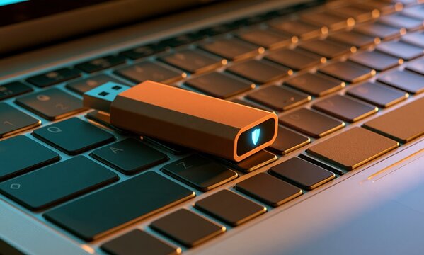 USB flash drive for data storage and security on a modern laptop keyboard