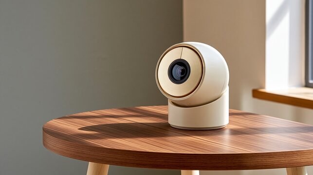 Modern smart home security camera on wooden table in living room space