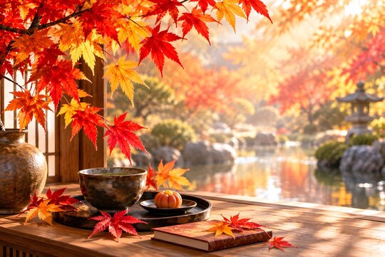 紅葉の日本庭園を眺めながら楽しむお茶と和菓子の秋のひととき