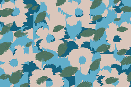 Hand-drawn Japanese-inspired botanical and floral pattern with floating foliage and layered woven marks, ikat and engraving abstract surface for wallpaper, textiles and packaging.