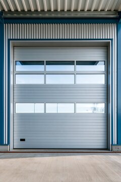 Industrial warehouse metal shutter door with glass window and blue wall