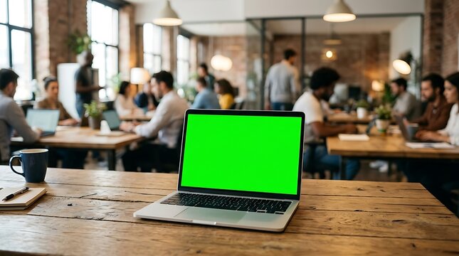 Laptop with green screen chroma key on wooden office table workspace
