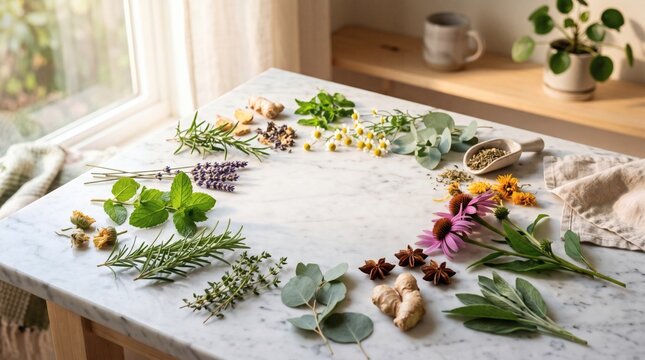 Assorted fresh culinary herbs and medicinal plants arranged on a marble kitchen table.