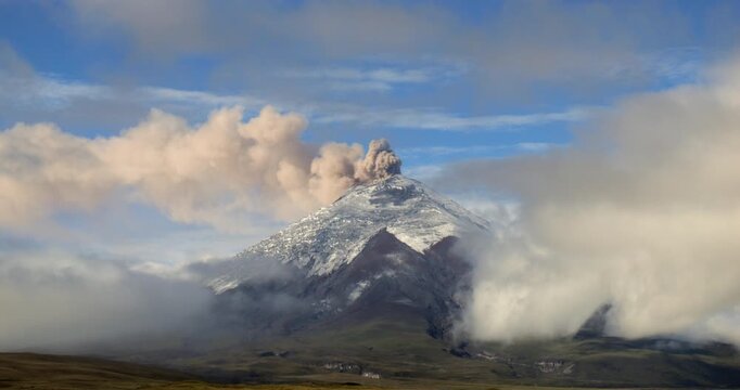 Cotopaxi Volcano, Ecuador, erupting, 12th of May 2023,. Volcanic ash is erupting from the crater. At 5897m altitude one of the world's highest active volcanoes.