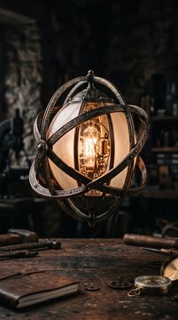 Vintage steampunk style spherical lamp glowing in a dark workshop environment.