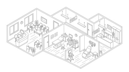 Fototapeta premium Isometric medical facility layout displays modern clinic interiors including waiting areas and treatment rooms.