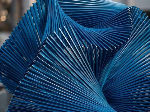 Abstract blue geometric sculpture with repeating parallel lines