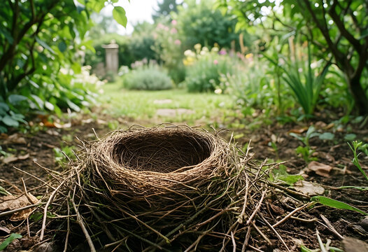 New beginnings and growth concept empty bird nest on the ground in a lush garden home family and the cycle of life in nature