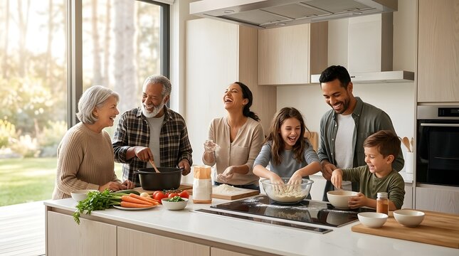 An intergene nal group of five people are joyfully preparing food in a bright  contemporary kitchen filled with ingredients like carrots and tomatoes