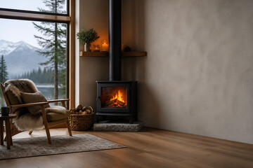Obraz premium A cozy interior scene featuring a fireplace, a comfortable armchair with fur throw, and a large window overlooking a snowy landscape.