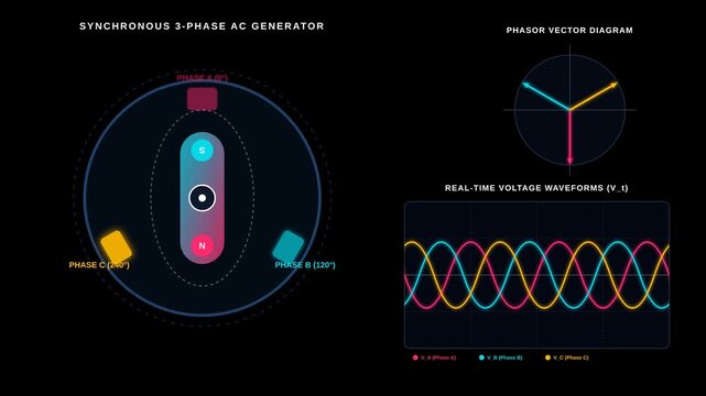 Educational Animation Illustrating the Working Principles of a Synchronous Three Phase AC Generator
