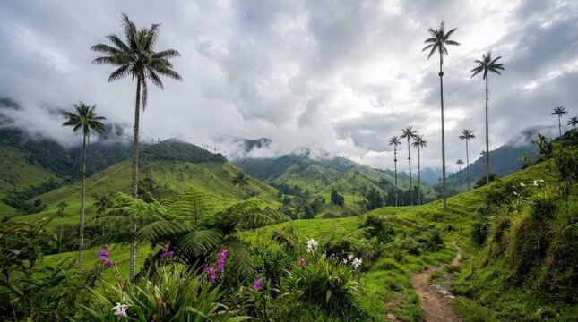 Valley landscape with towering wax palms in cocora valley