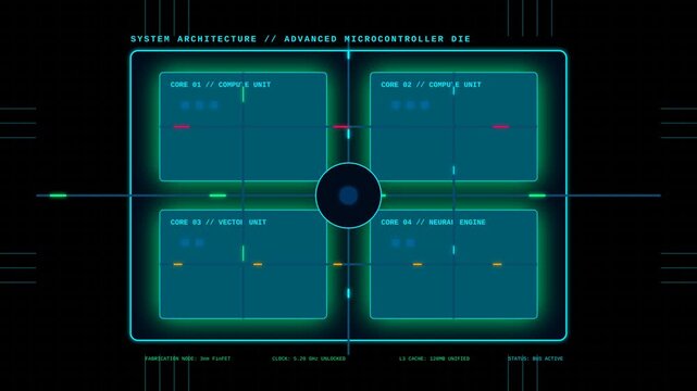 Futuristic Digital Microcontroller Die Interface HUD for Advanced Computer Processing System Graphics