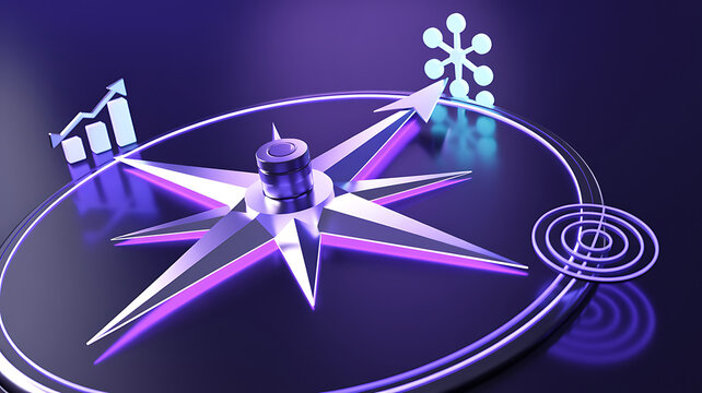 A metallic compass needle pointing upwards on a dark purple background, surrounded by glowing icons of a bar chart and a network node, representing business direction, strategy, and navigation