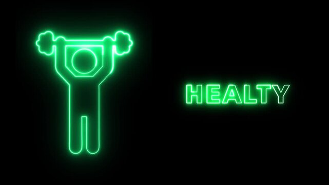 Glowing Neon Style Graphic Design Featuring a Person Lifting a Barbell with the Word Healty in Green Light for Fitness and Wellness Concepts