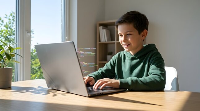 Young boy focused on typing on laptop showing programming code  seated at light wood desk beside sunny window with green houseplant nearby