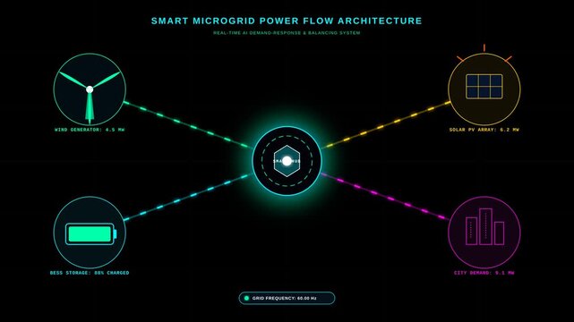 Smart Microgrid Power Flow Architecture Displaying Renewable Energy Distribution and AI Control
