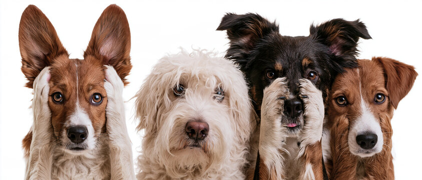 Four expressive dogs of different breeds playfully mimicking the classic 'see no evil, hear no evil, speak no evil' poses with their paws covering eyes, ears, and mouth against a bright