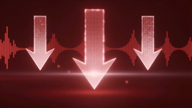 Three glowing arrows descend over sound waves, symbolizing audio reduction or decline.
