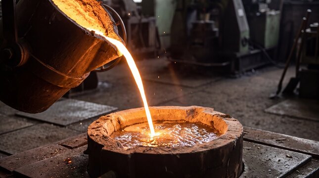 Heavy steel ladle pouring glowing molten metal into a casting mold in a foundry environment